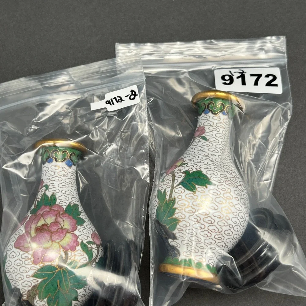 Vintage Cloisonne Vases White Floral Pink Peony Wood Stands Pair 4